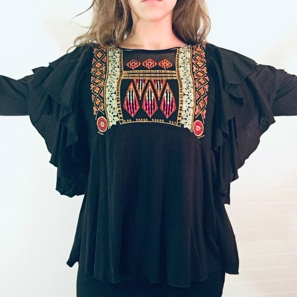 Free People Tops - NEW Free People Ruffle Sheer Embroidered Blouse